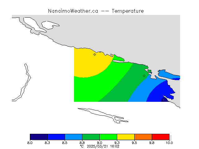 Current temperatures on mid Vancouver Island.